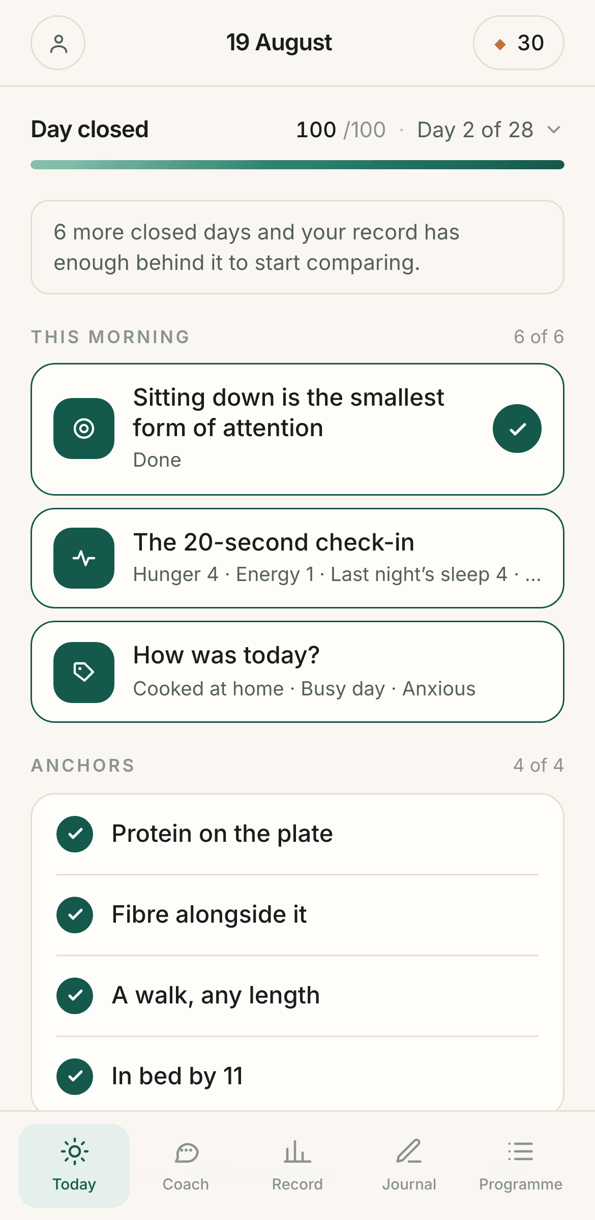 The SteadyHours member home: score ring, today's action, and daily anchors